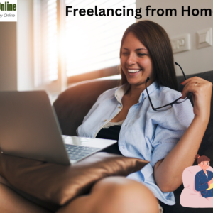 Woman working from home on her sofa with a laptop, comfortably managing her freelance work."