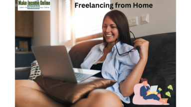 Woman working from home on her sofa with a laptop, comfortably managing her freelance work."