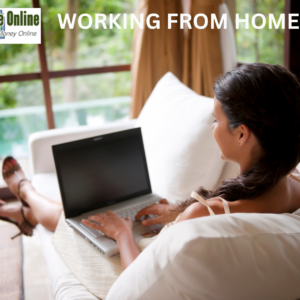 A woman working from home on her computer in a cozy home office.