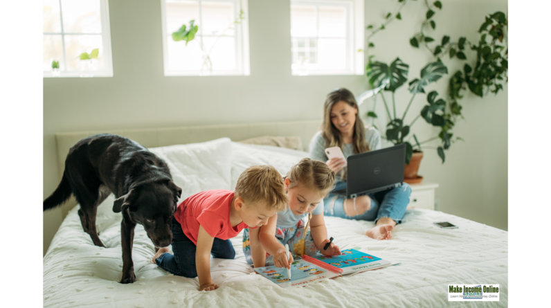 "Woman working from home with her kids and dog, balancing work from home and family life."