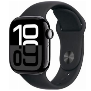 "Apple Watch Series 10 in Jet Black Aluminum Case with Black Sport Band, showcasing its sleek design and advanced health tracking features."