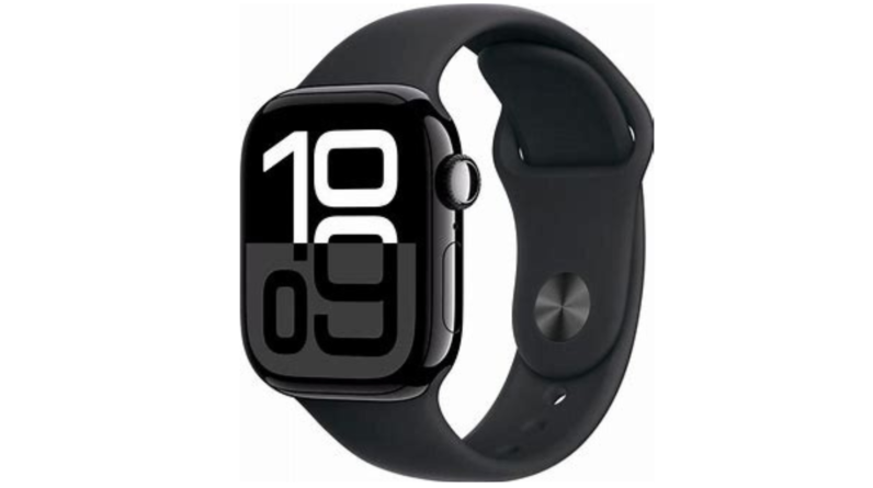 "Apple Watch Series 10 in Jet Black Aluminum Case with Black Sport Band, showcasing its sleek design and advanced health tracking features."