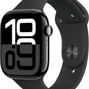 Apple Watch Series 10 [GPS 46mm] with Jet Black Aluminium Case and Black Sport Band, displaying a bold digital time.