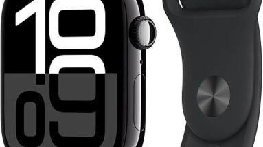 Apple Watch Series 10 [GPS 46mm] with Jet Black Aluminium Case and Black Sport Band, displaying a bold digital time.