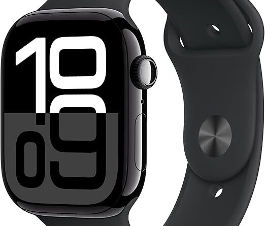 Apple Watch Series 10 [GPS 46mm] with Jet Black Aluminium Case and Black Sport Band, displaying a bold digital time.