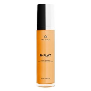 MAËLYS B-FLAT Belly Firming Cream in an orange bottle with black and white cap, 100 mL size.