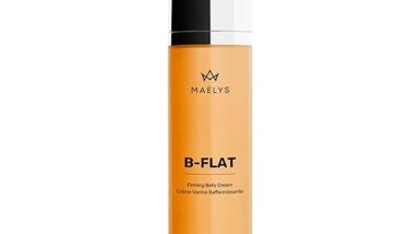 MAËLYS B-FLAT Belly Firming Cream in an orange bottle with black and white cap, 100 mL size.