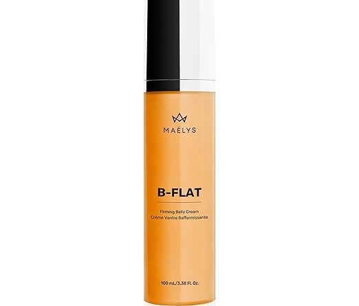 MAËLYS B-FLAT Belly Firming Cream in an orange bottle with black and white cap, 100 mL size.