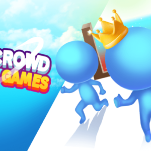 Blue stickman characters running towards a finish line with one stickman wearing a crown, representing the Build a Crowd: Stickman Games.