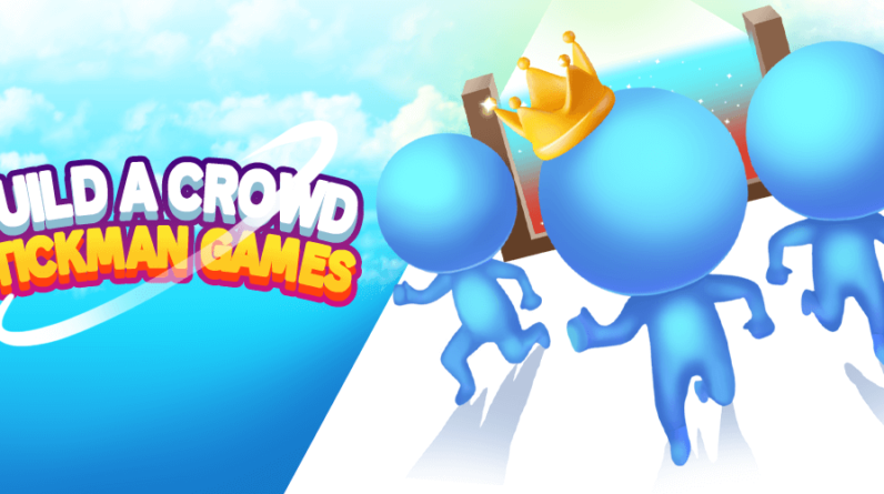 Blue stickman characters running towards a finish line with one stickman wearing a crown, representing the Build a Crowd: Stickman Games.