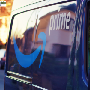 Amazon Prime van delivering packages, representing Amazon work from home opportunities in 2024."