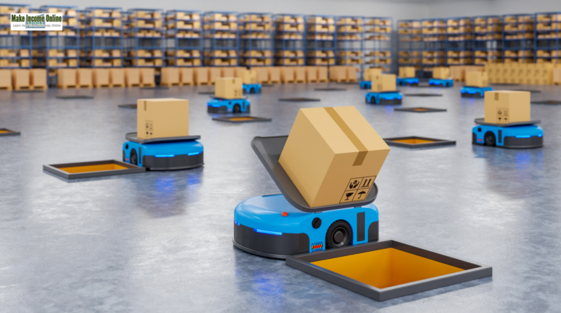 A warehouse filled with boxes, representing the logistics behind Amazon at home jobs in 2024."