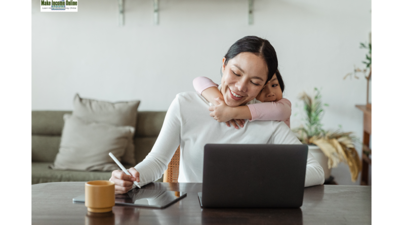 A woman working from home with her child, highlighting Amazon hiring work from home opportunities in 2024."