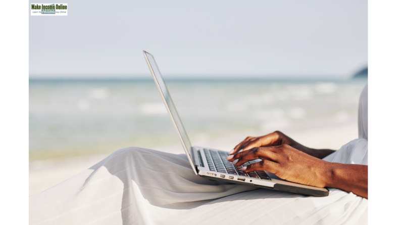 A woman working remotely from the beach on her computer, highlighting the flexibility of remote jobs in 2024."