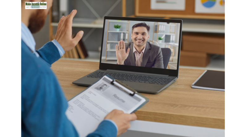 A man participating in a remote job interview from home on his computer, emphasizing work from home jobs in 2024."