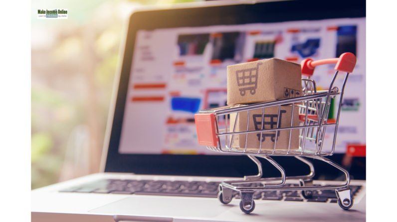 A laptop computer with a small shopping cart placed on it, symbolizing e-commerce in 2024."