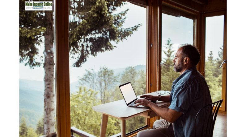 "A man working remotely from home at a scenic wilderness location, highlighting remote data entry jobs in 2024."